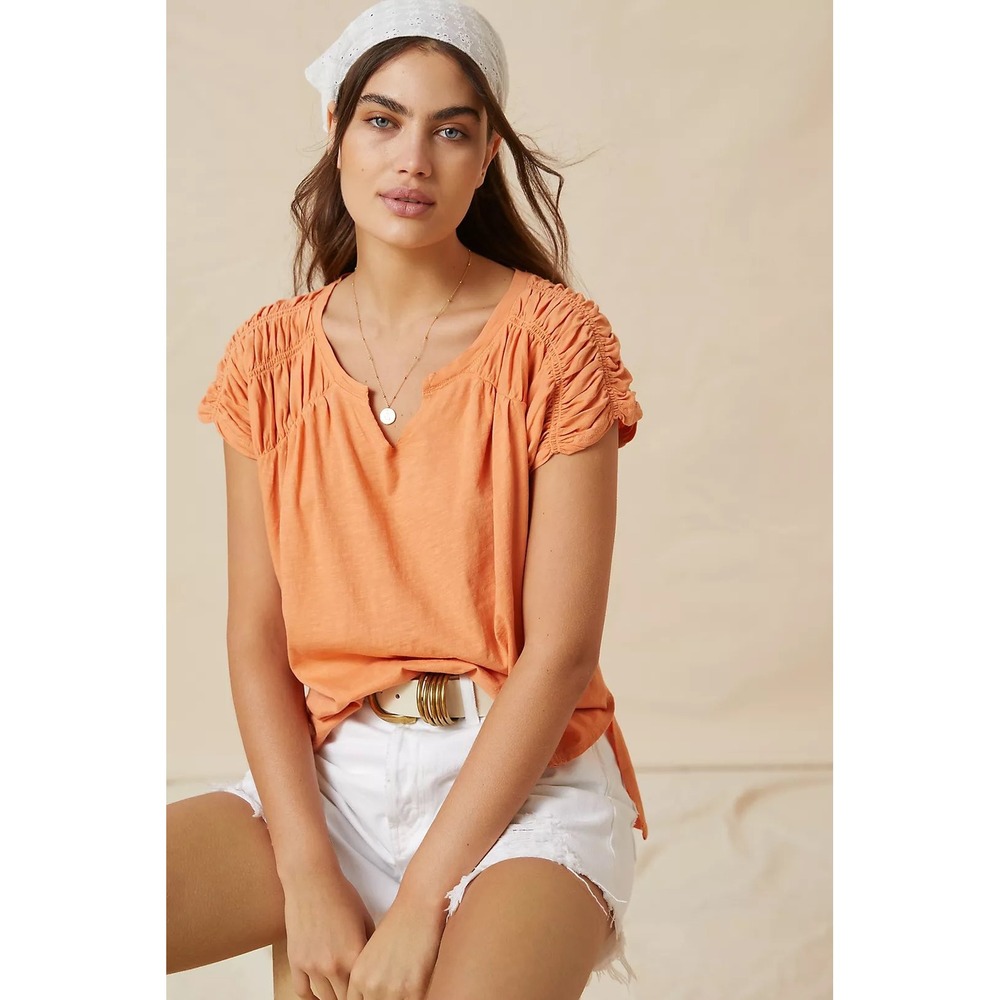 Anthropologie Pilcro‎ Smocked Muscle Tee Womens Medium Oversized Orange Casual